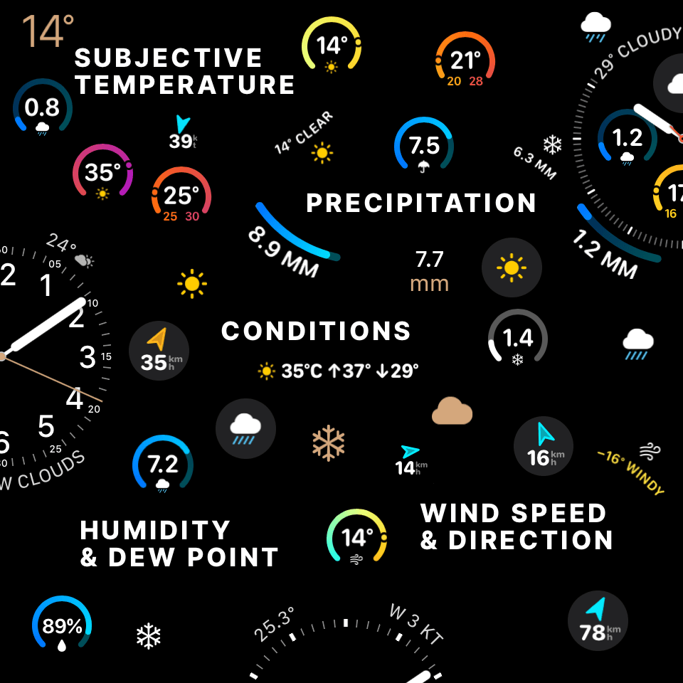 Collection of 12 different Weathergraph Apple Watch complications showing temperature graphs, rain bars, wind speed, humidity, UV index, and weather conditions for various watch faces