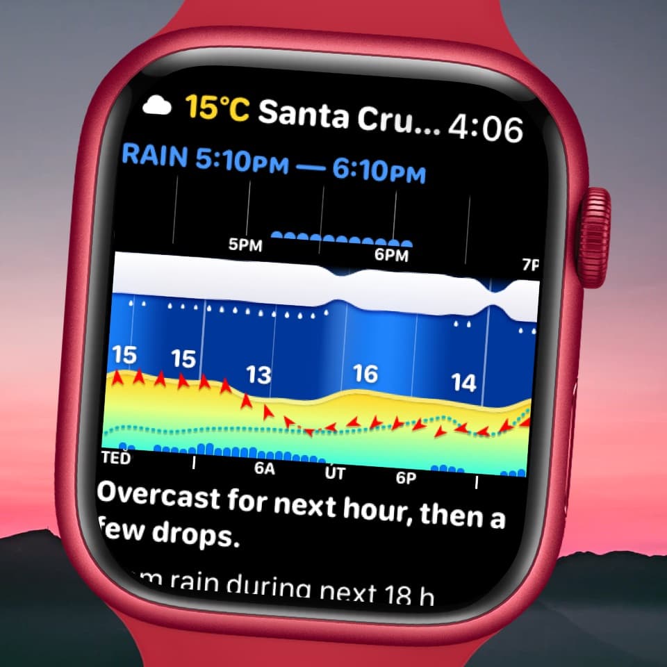 Weathergraph nowcast feature showing real-time precipitation radar with 30-minute rain prediction alerts on iPhone screen