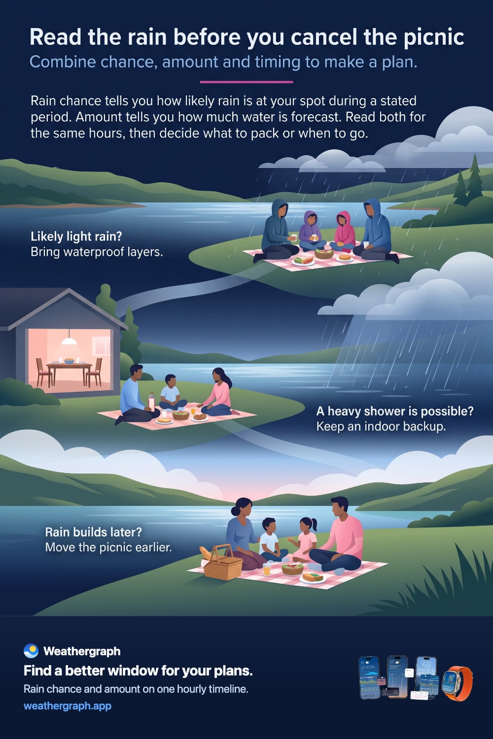 Three family picnic scenarios: wearing waterproof layers in light rain, keeping a nearby home as backup for a possible heavy shower, and moving a picnic earlier before rain builds.