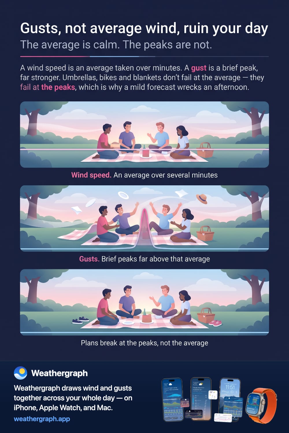A picnic in three moments: friends settled in a calm breeze, a sudden gust sending napkins and a hat flying, then calm again.