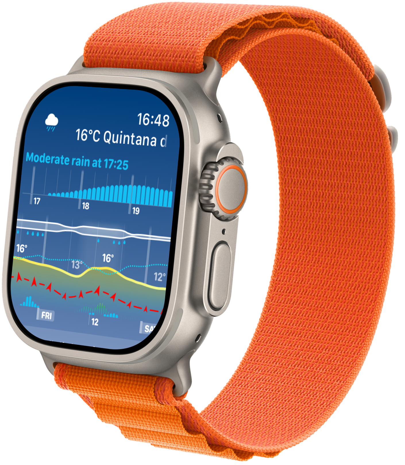 Apple Watch showing a Weathergraph graph and short-range precipitation information.