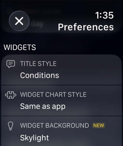watchOS Preferences - Widgets section