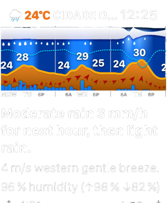 Weathergraph app showing warm rainy forecast chart